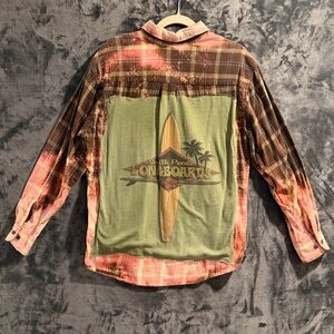 Upcycled St John’s Bay Flannel Shirt M Bleach Dyed Longboards Back Patch